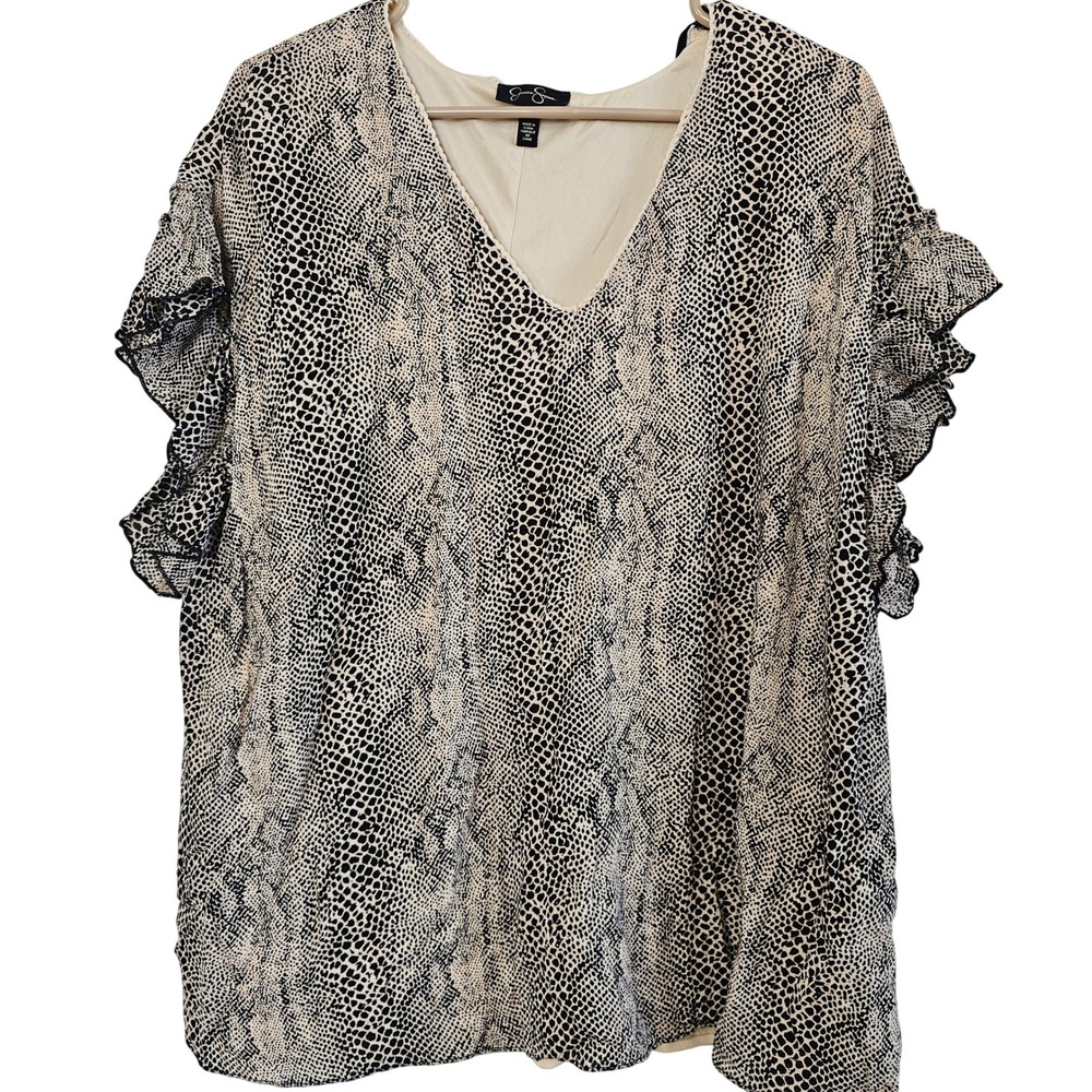 Jessica Simpson Womens 1X Snakeskin Ruffle Sleeve V-Neck Blouse Black White